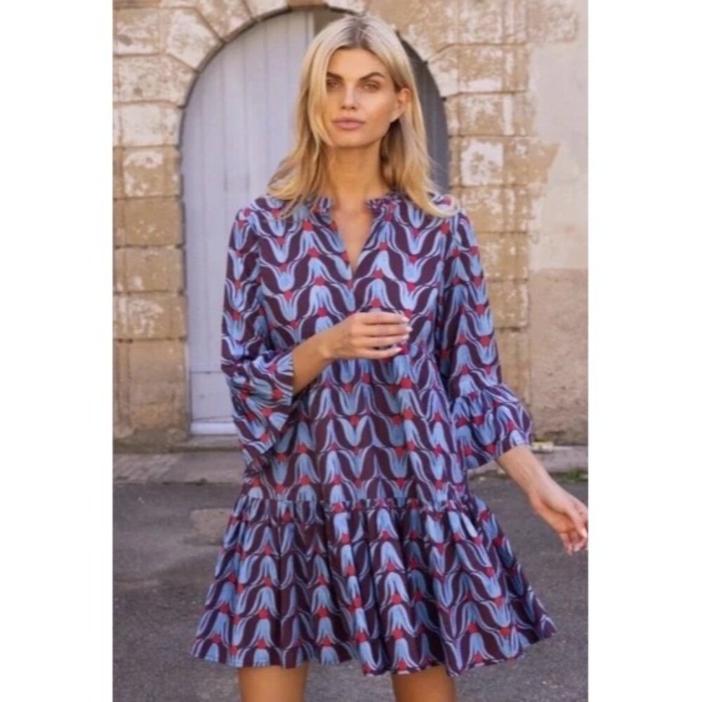 Oliphant Blue Red Tulip Bell Sleeve Tiered Mini Dress Womens Size XLarge